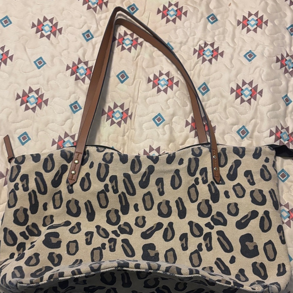 Leopard Print Tote Bag with Tan Straps